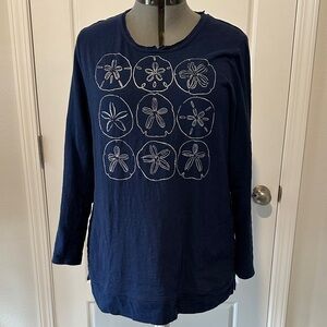 Chico's Navy Blue Long Sleeve Tee with pockets with silver Sand Dollar Design